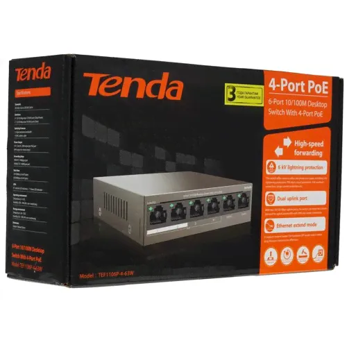 Неуправляемый 6 портовый PoE коммутатор Tenda TEF1106P-4-63W, 4*10/100 Mbps Base-TX (Data/Power) 2*10/100 Mbps Base-TX(Data) (1/5)