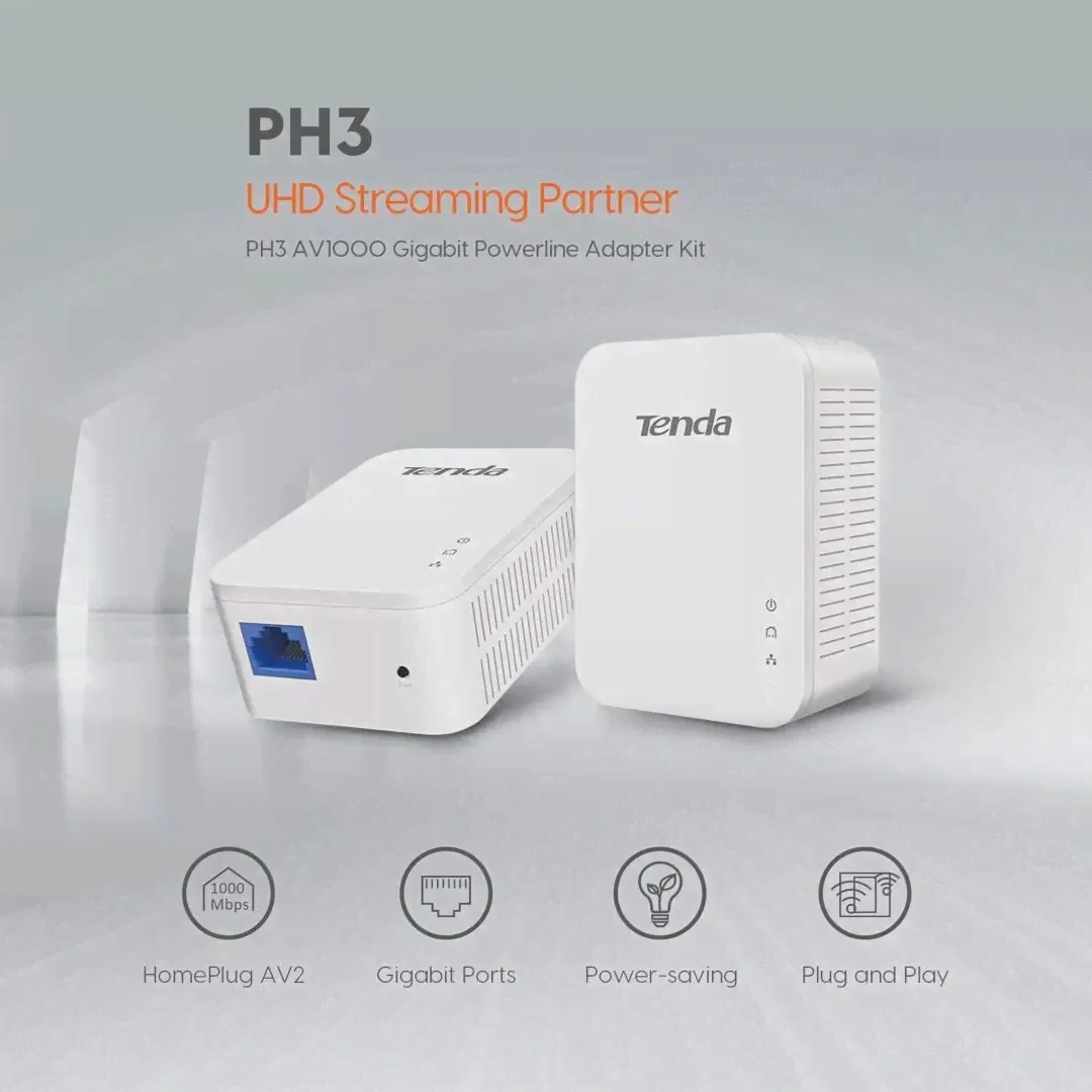 Сетевой адаптер Tenda PH3, 1000 Мбитс, 1 порт, Gigabit AV1000 Ethernet PLC адаптеры, высокая совместимость с IPTV Homeplug AV2, 1 пара (art.: 3920b53cafe33)-1